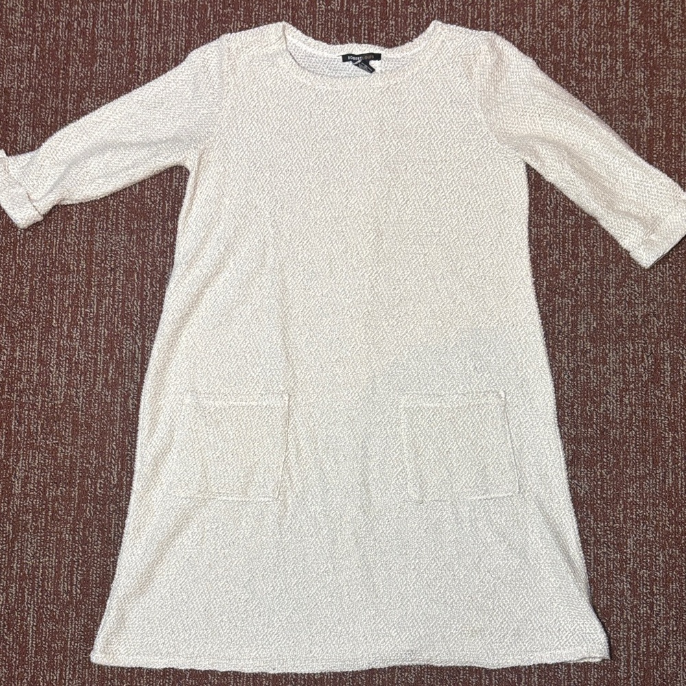 Robert Louis sweater dress Cream gray chunky knit 3/4 sleeve button back relaxed